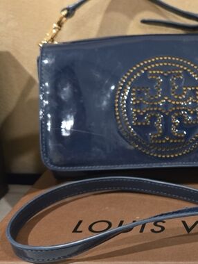 Tory Burch Navy Patent Leather Logo Wristlet with Gold Stud Detailing